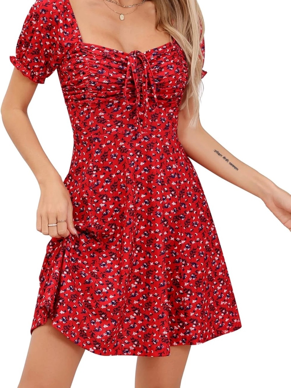 Missufe Women's Fit & Flare Casual Drawstring
Red Floral Mini SunDress size XL.